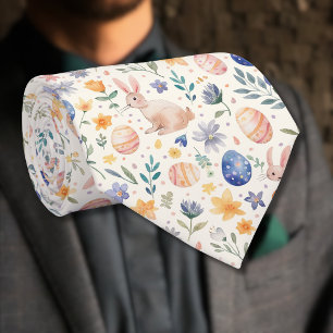 Tijdloze Waterverf Pastel Konijn Bloemen Eieren Stropdas