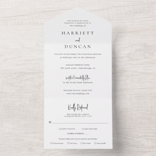 Tijdloze zwart-wit elegante bruiloft all in one uitnodiging (Binnen)