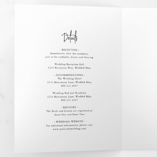 Tijdloze zwart-wit elegante bruiloft drieluik uitnodiging (Binnenzijde eerst)