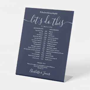 Tijdschema Navy Blue Script Wedding Schedule Reclamebord Met Voetstuk