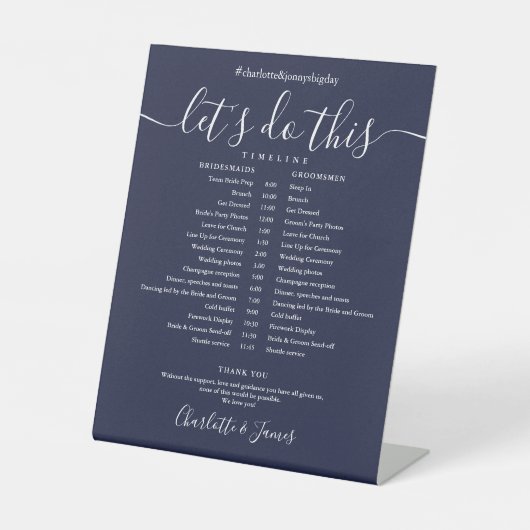 Tijdschema Navy Blue Script Wedding Schedule Reclamebord Met Voetstuk (Voorkant)
