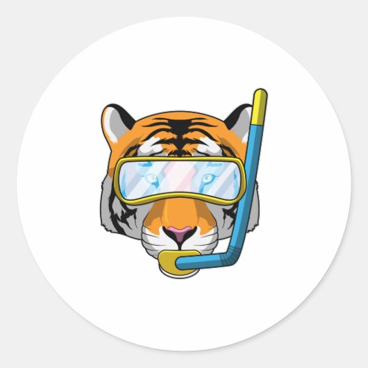 Tijger als duiker met Snorkel Ronde Sticker (Voorkant)