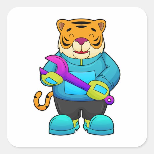 Tijger als mechanisch met moersleutel vierkante sticker (Voorkant)