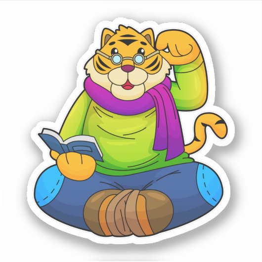 Tijger als Nerd met boek Sticker (Voorkant)