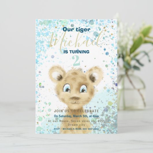 Tijger baby dier jongens verjaardagsfeest uitnodig aankondiging (Staand voorkant)