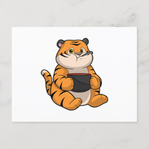 Tijger bij het eten met kom briefkaart