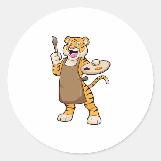 Tijger bij het Schilderen met Verf & Borstel Ronde Sticker (Voorkant)