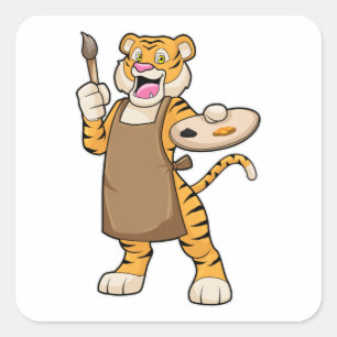 Tijger bij het Schilderen met Verf & Borstel Vierkante Sticker