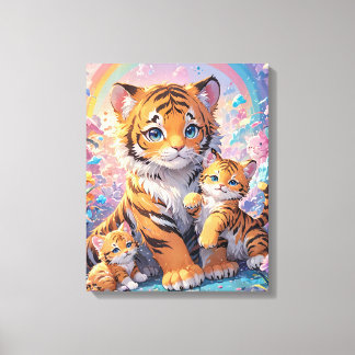 Tijger & Cubs Geanimeerde Schattigee Pastel Canvas Afdruk