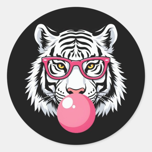 Tijger die een bril draagt en roze bubbelkauwgom b ronde sticker (Voorkant)