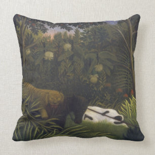 Tijger die een paard aanvalt en een slaapend zwart kussen