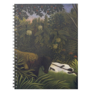 Tijger die een paard aanvalt en een slaapend zwart notitieboek