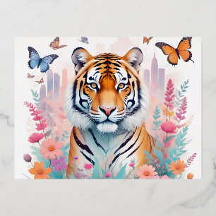 Tijger  Dier Natuur Bos Oerwoud Bloemen Folie Feestdagen Briefkaart