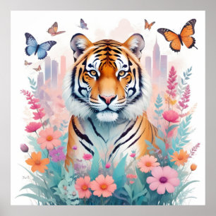 Tijger Dier Natuur Bos Oerwoud Bloemen Poster