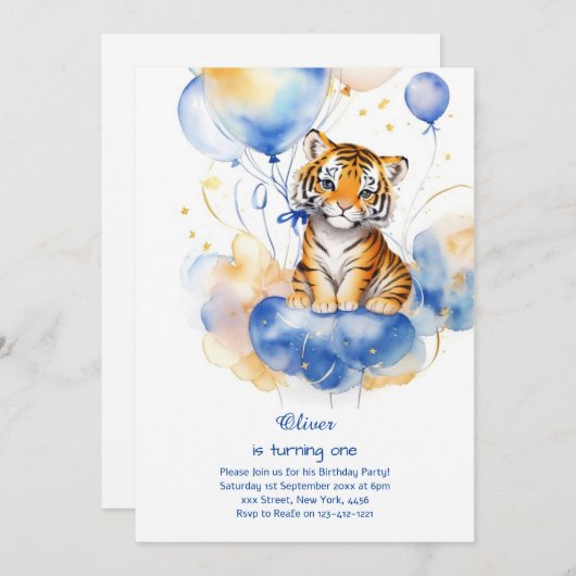 Tijger eerste verjaardag uitnodiging (Voorkant / Achterkant)