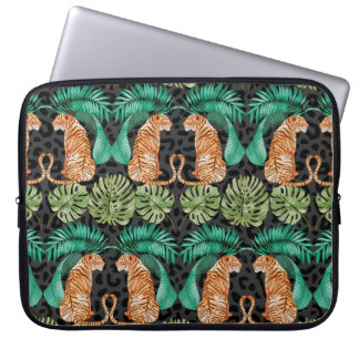 Tijger en bladeren in Waterverf naadloos patroon Laptop Sleeve