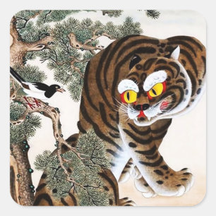 Tijger en Ekster Minhwa onder dennenboom Vierkante Sticker