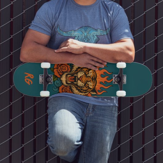 Tijger en Rozen met monogram Skateboard (Buiten 3)