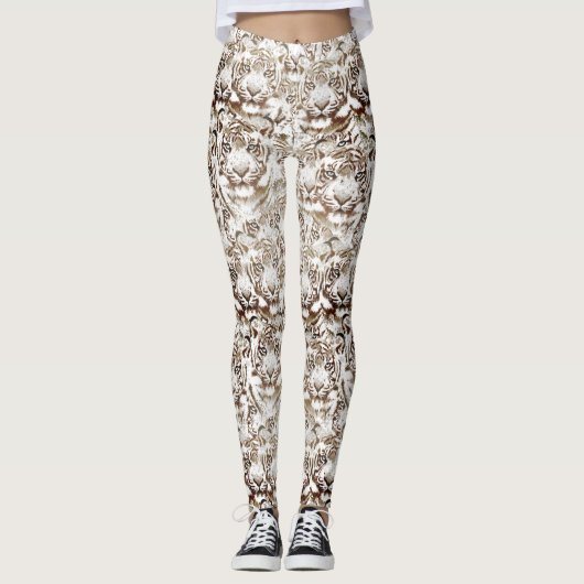 Tijger Gezichtsontwerp Wit en Bruin Leggings (Voorkant)