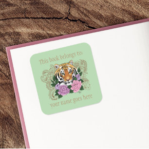 Tijger Henna Roze Paarse Bloemen Bookplate Vierkante Sticker