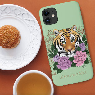 Tijger Henna roze paarse bloemen iPhone 11 Hoesje