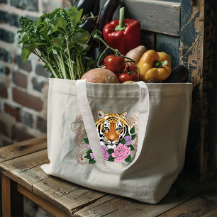 Tijger Henna roze paarse bloemen Grote Tote Bag