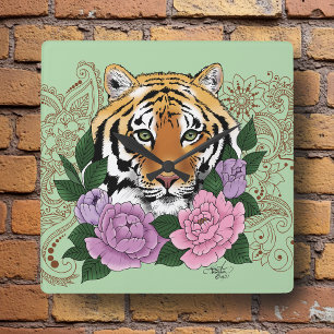 Tijger Henna roze paarse bloemen Vierkante Klok