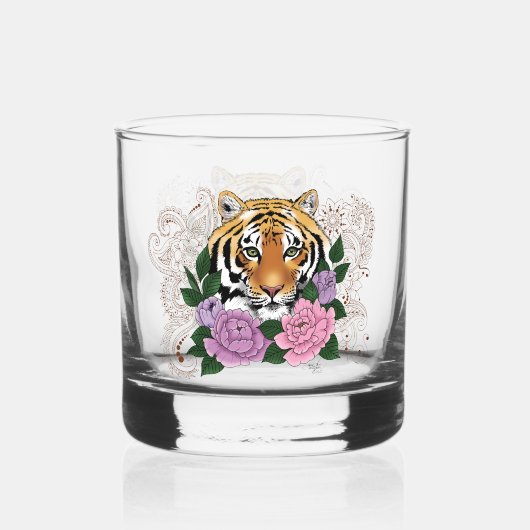 Tijger Henna roze paarse bloemen Whisky Glas (Voorkant)