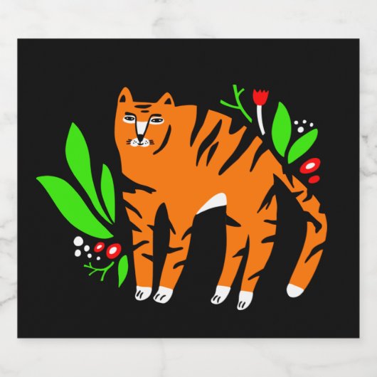 Tijger in bloemen sparkling wijnetiket (Enkel label)
