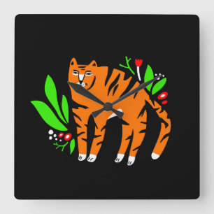 Tijger in bloemen vierkante klok