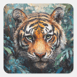 Tijger in de jungle portret schilderij vierkante sticker