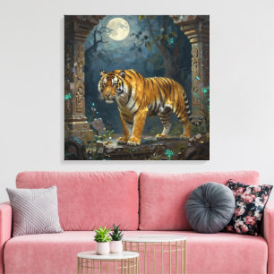 Tijger in oude duinen onder de volle maan canvas afdruk
