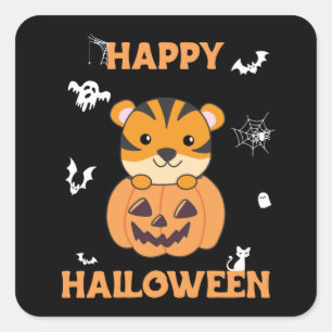 Tijger in pompoen zoete tijger gelukkig halloween vierkante sticker