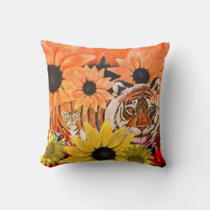 tijger, kauwen, bloemen en Oranje kleuren Kussen