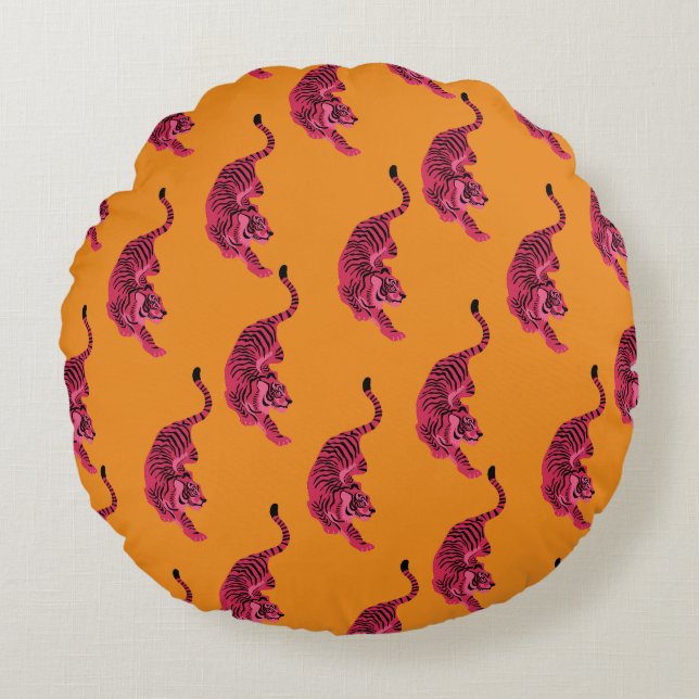 Tijger - Levendig Roze Rond Kussen (Voorkant)