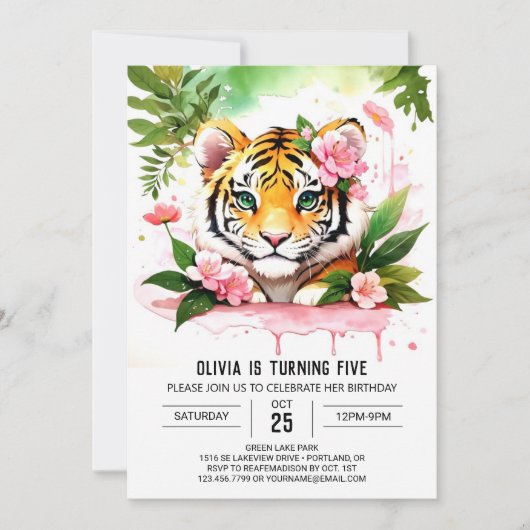 Tijger meisje verjaardag uitnodiging (Voorkant)