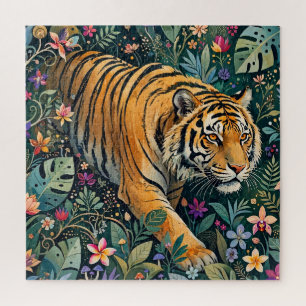 Tijger met Amber Ogen Fantasie Jungle Gebladerte Legpuzzel