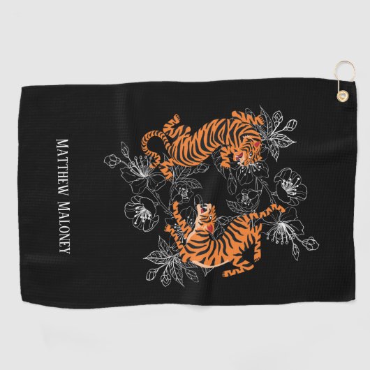 tijger met Cherry Blossom Golf Jouw naam Golfhanddoek (Horizontaal)