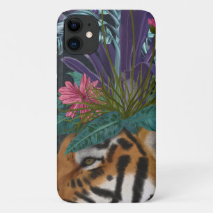 Tijger met tropisch hoofddeksel iPhone 11 hoesje