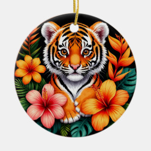 Tijger omringd door tropische bloemen keramisch ornament