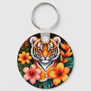 Tijger omringd door tropische bloemen sleutelhanger