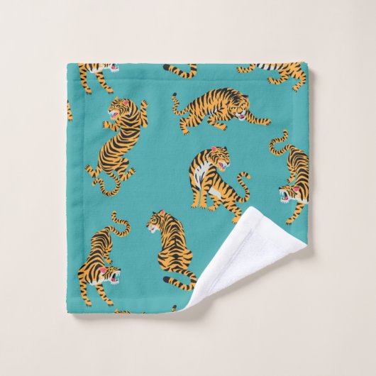 Tijger op Blauwgroen Patroon Bad Handdoek (Wasdoekje)