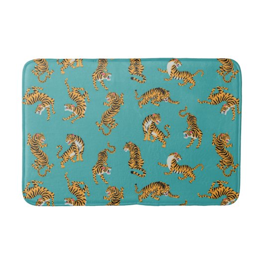 Tijger op Blauwgroen Patroon Badmat (Voorkant)