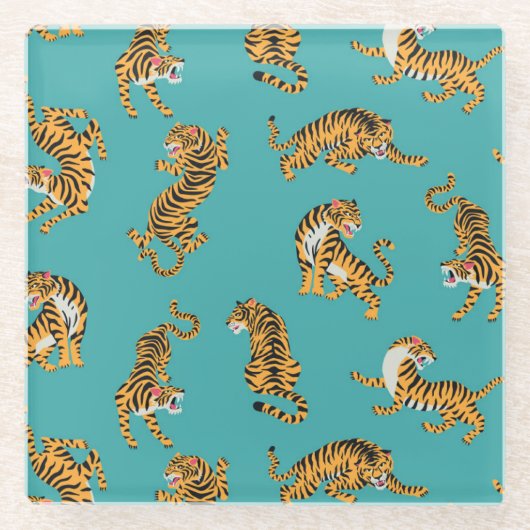 Tijger op Blauwgroen Patroon Glazen Onderzetter (Voorkant)