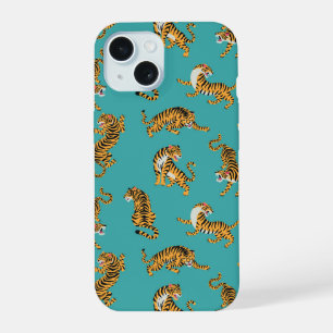 Tijger op Blauwgroen Patroon iPhone 15 Hoesje