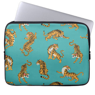 Tijger op Blauwgroen Patroon Laptop Sleeve