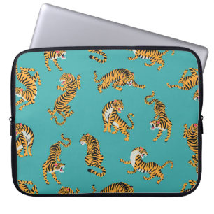 Tijger op Blauwgroen Patroon Laptop Sleeve