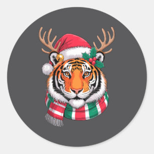 Tijger Rendier Kerstmis Kerstman Hoed Tijger Kerst Ronde Sticker