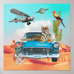 Tijger Retro Auto Woestijn Cactus Surreal Collage  Poster