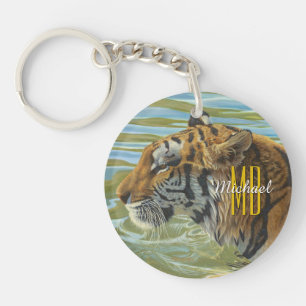 Tijger schilderen, Monogram & Script naam personal Sleutelhanger